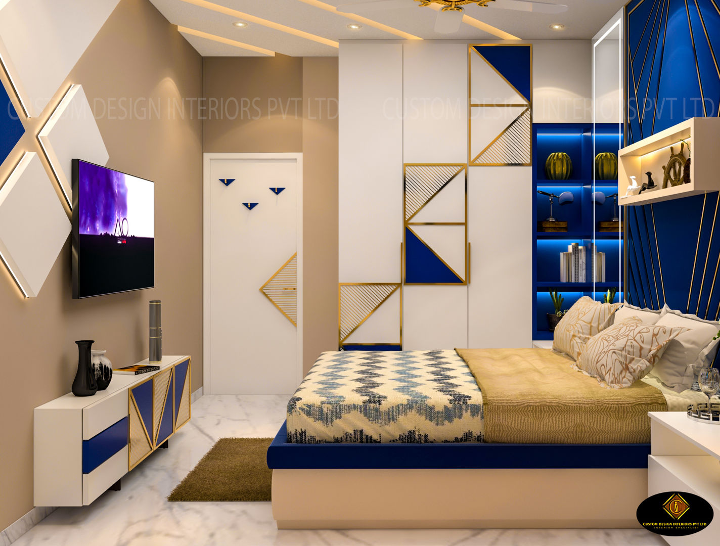 Mrs. Saha’s Royal Master Bedroom | Kolkata, West Bengal | Custom Design Interiors , CUSTOM DESIGN INTERIORS PVT. LTD. CUSTOM DESIGN INTERIORS PVT. LTD. Dormitorios de estilo moderno Caliza