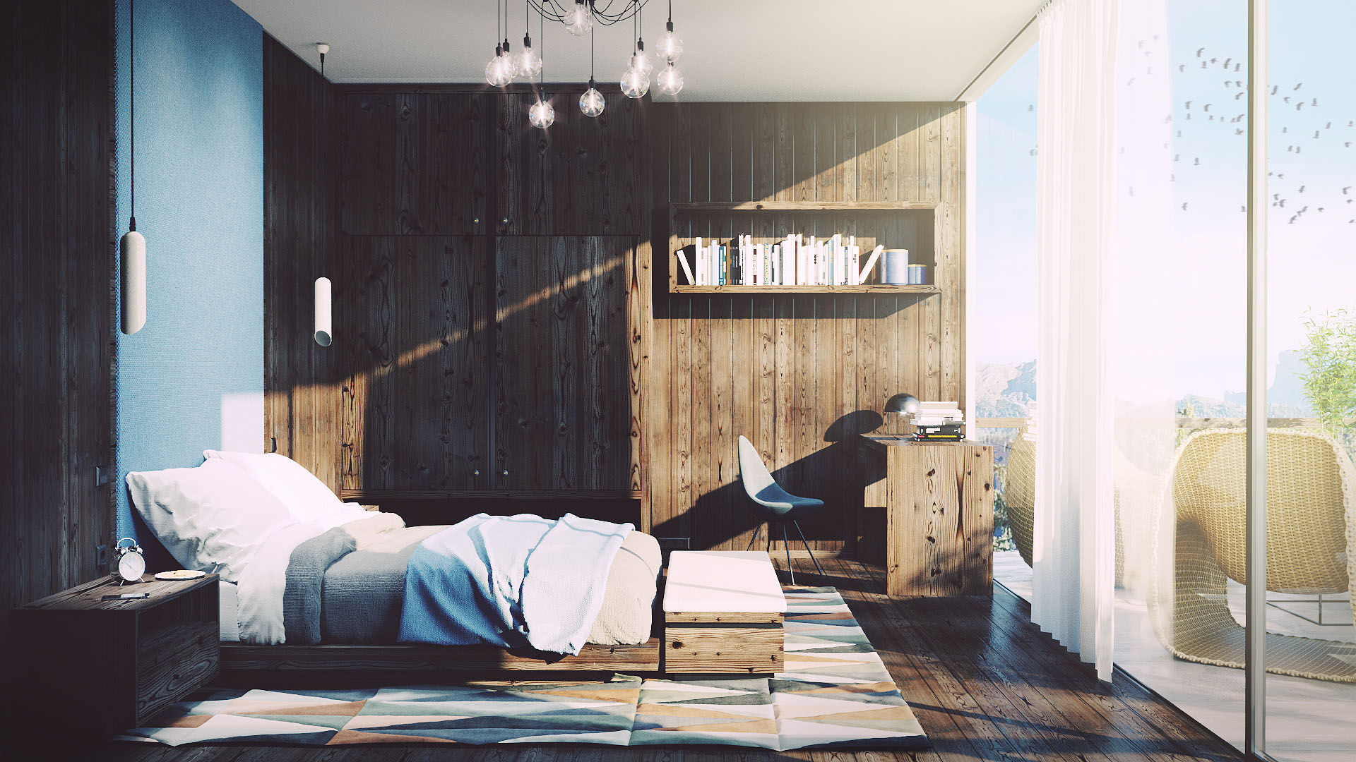 Bedroom Mario Bernaudo Camera da letto in stile scandinavo Legno Effetto legno camera da letto, rivestimento pareti, render,casa modulare, visualizzazione, scrivania, terrazzo