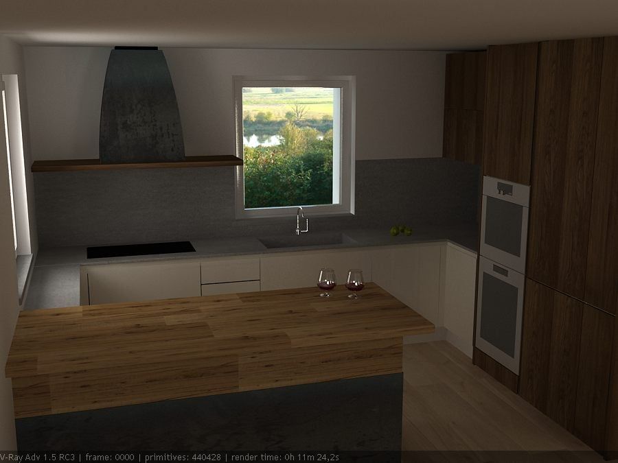 Render ambiente living e sala da pranzo, CLARE studio di architettura CLARE studio di architettura مطبخ