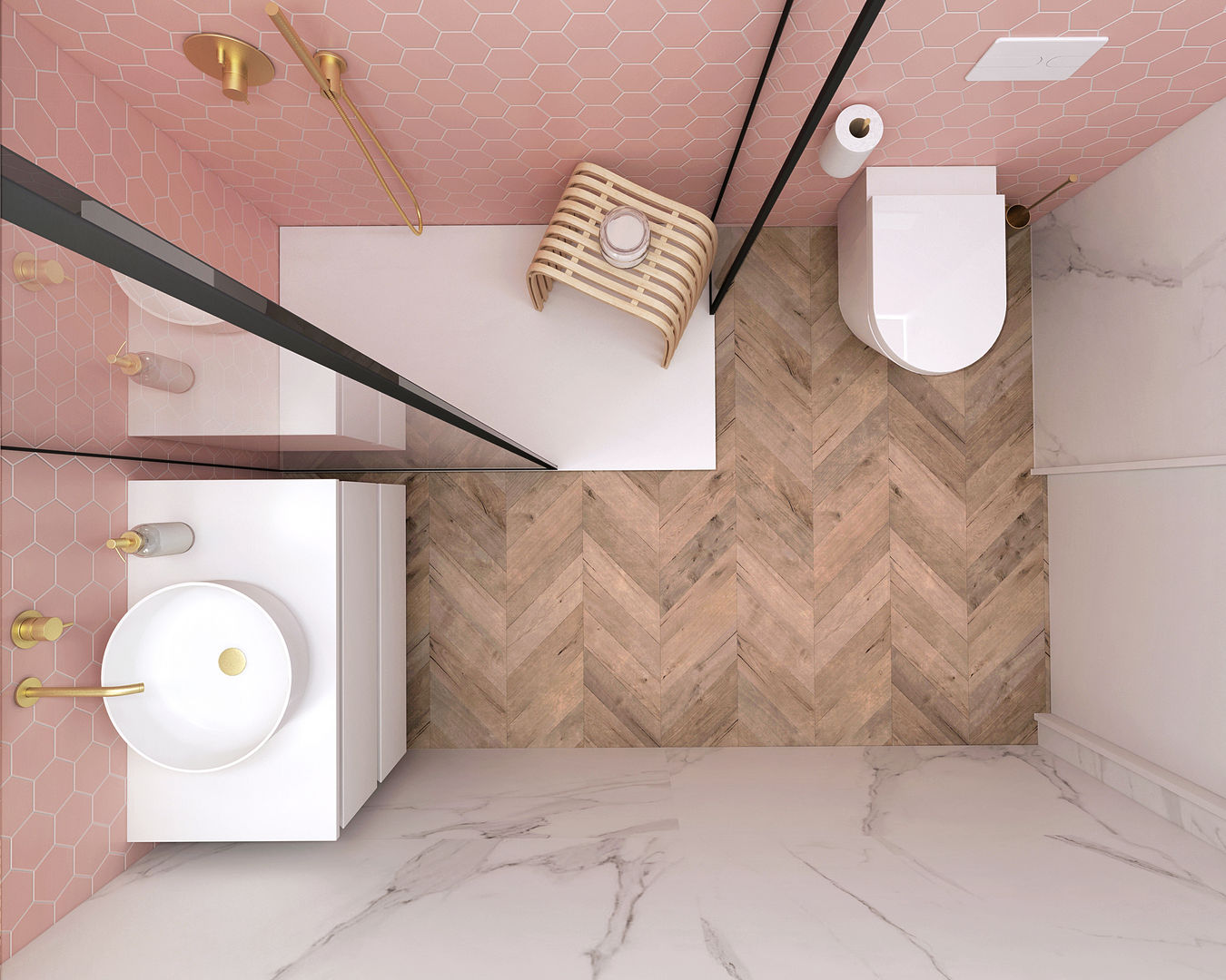 Projecto 3D de casa de banho em tons de rosa e apontamentos de ouro, Smile Bath S.A. Smile Bath S.A. Casas de banho minimalistas móvel suspenso, lavatório de pousar, brushed gold, azulejos, cerâmicos