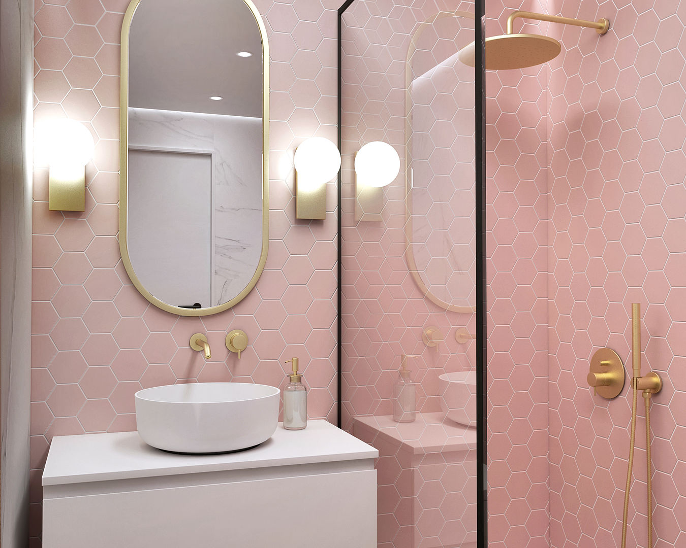 Projecto 3D de casa de banho em tons de rosa e apontamentos de ouro, Smile Bath S.A. Smile Bath S.A. Minimalist Banyo