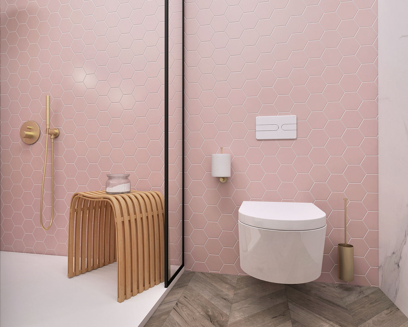 Projecto 3D de casa de banho em tons de rosa e apontamentos de ouro, Smile Bath S.A. Smile Bath S.A. Minimalist style bathroom