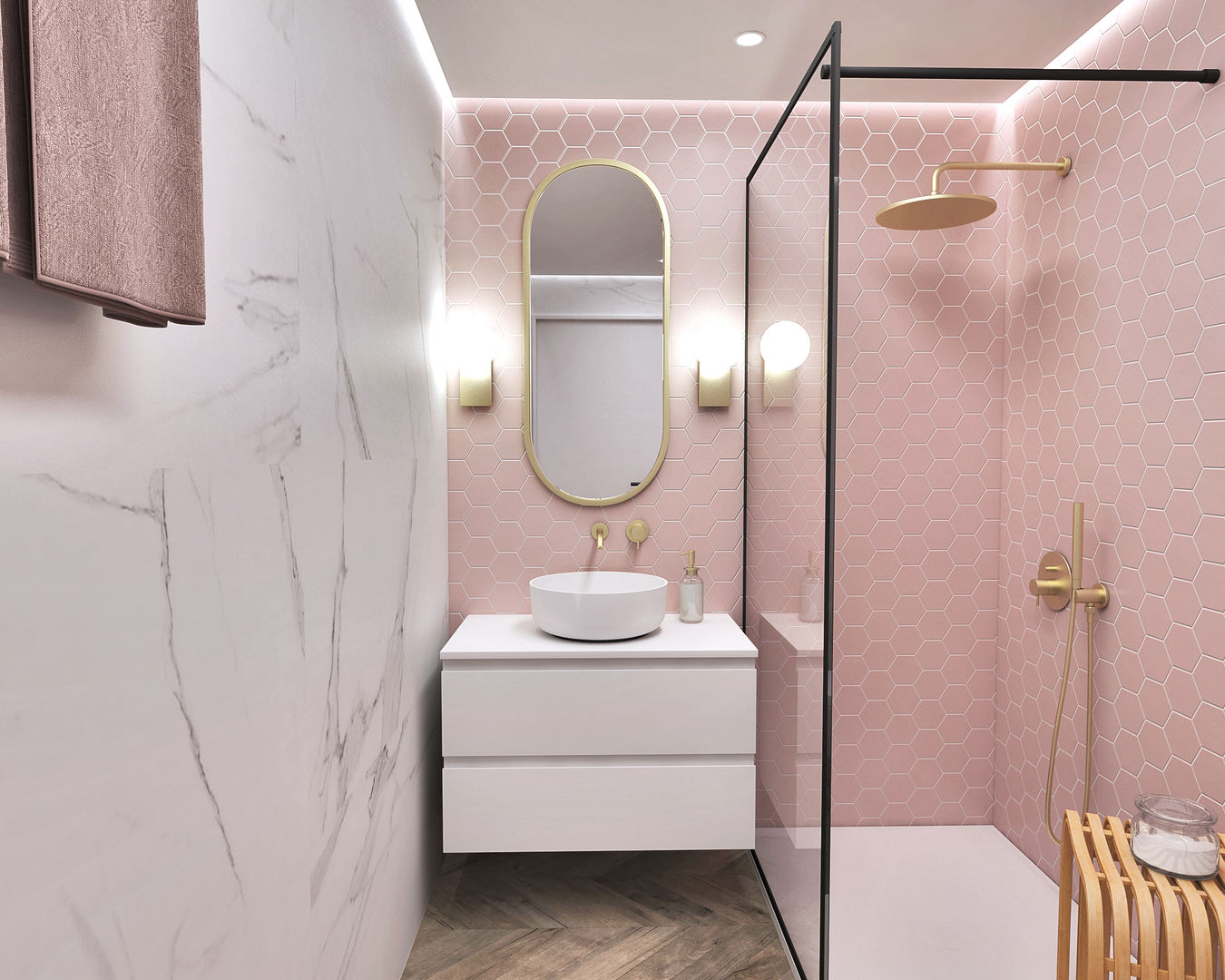 Projecto 3D de casa de banho em tons de rosa e apontamentos de ouro, Smile Bath S.A. Smile Bath S.A. ミニマルスタイルの お風呂・バスルーム