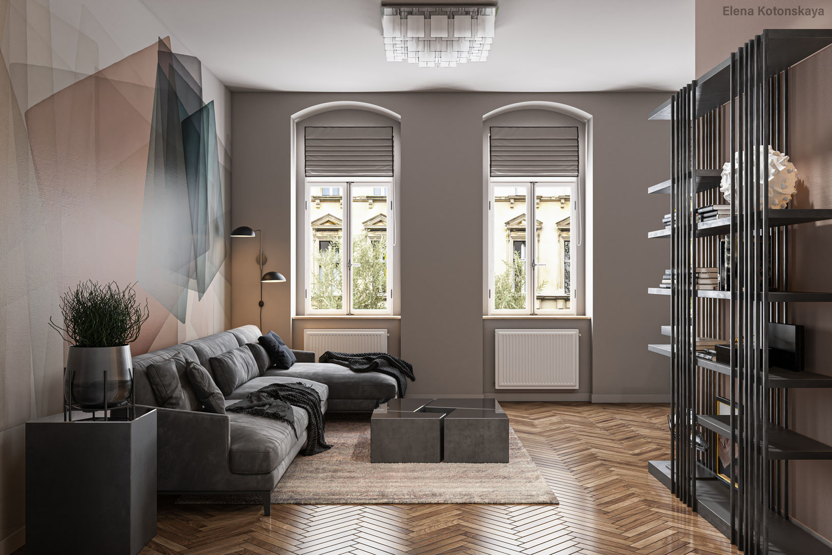 Wohnzimmer mit offener Küche in einer Altbauwohnung, GRIFFEL 3D DESIGN GRIFFEL 3D DESIGN Soggiorno moderno