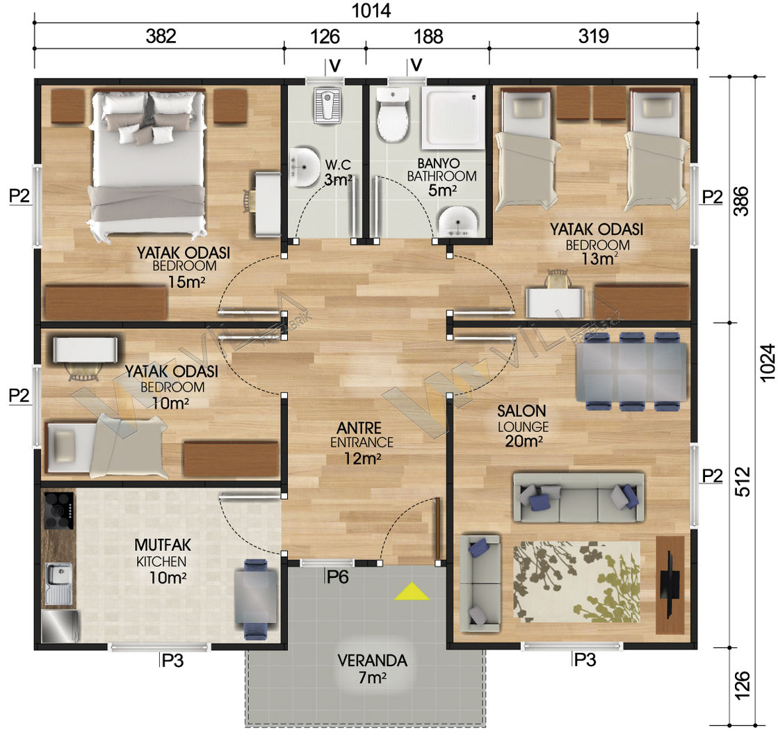 3+1 PREFABRİK EV 96 m2 154.400, VİLLA DİZAYN PREFABRİK VİLLA DİZAYN PREFABRİK 조립식 주택 OSB