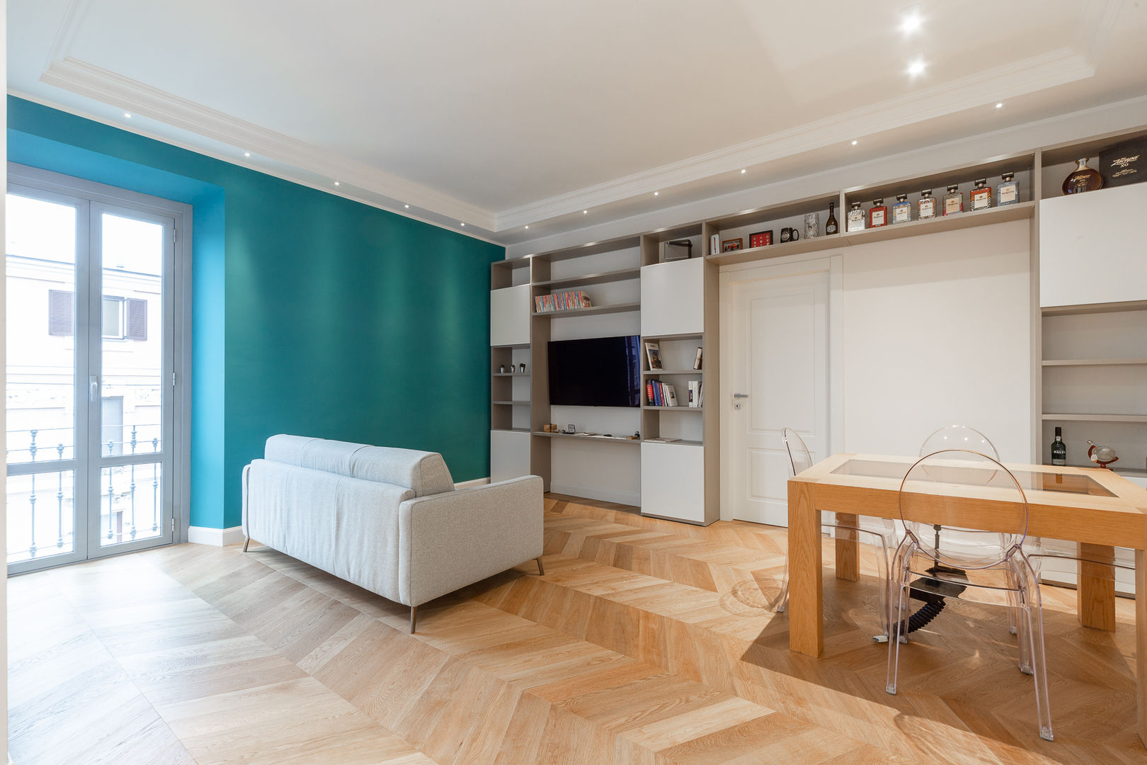 Sala Yome - your tailored home Soggiorno eclettico Parquet Rovere, spina ungherese, Divani&Divani