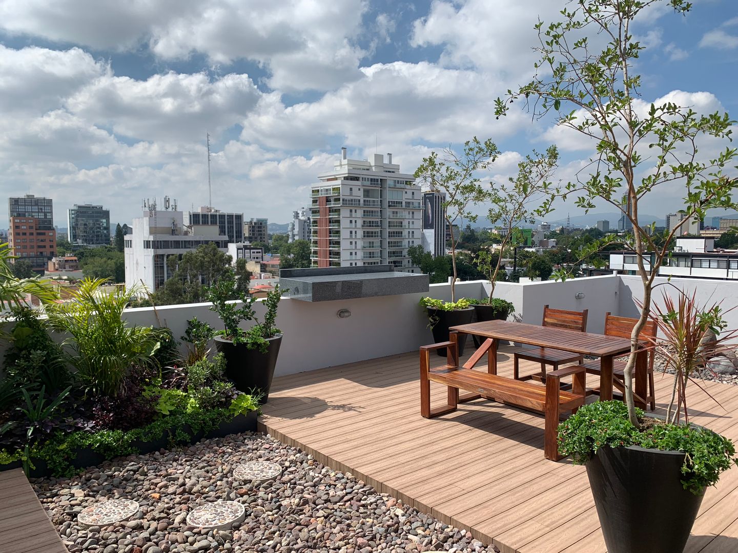 Jardín roof garden y barra de granito PH Torre Hidalgo ELOCUENTE studio Balcones y terrazas asiáticos Madera Acabado en madera roof garden, paisajismo, azotea verde, jardines, jardines verticales, terrazas, azoteas, departamentos, asadores, deck de madera, jardin japones, torre hidalgo, guadalajara, queretaro, arquitectura, paisajista