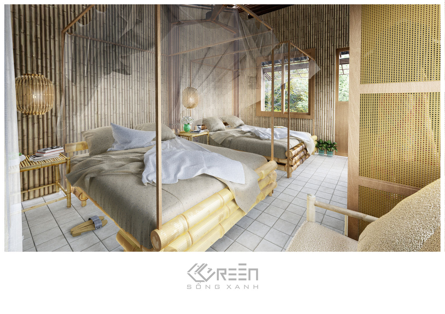 Thiết Kế Nội Thất Công ty TNHH Thiết Kế Xây Dựng Xanh Hoàng Long Phòng ngủ phong cách châu Á Tre Green Beds & headboards