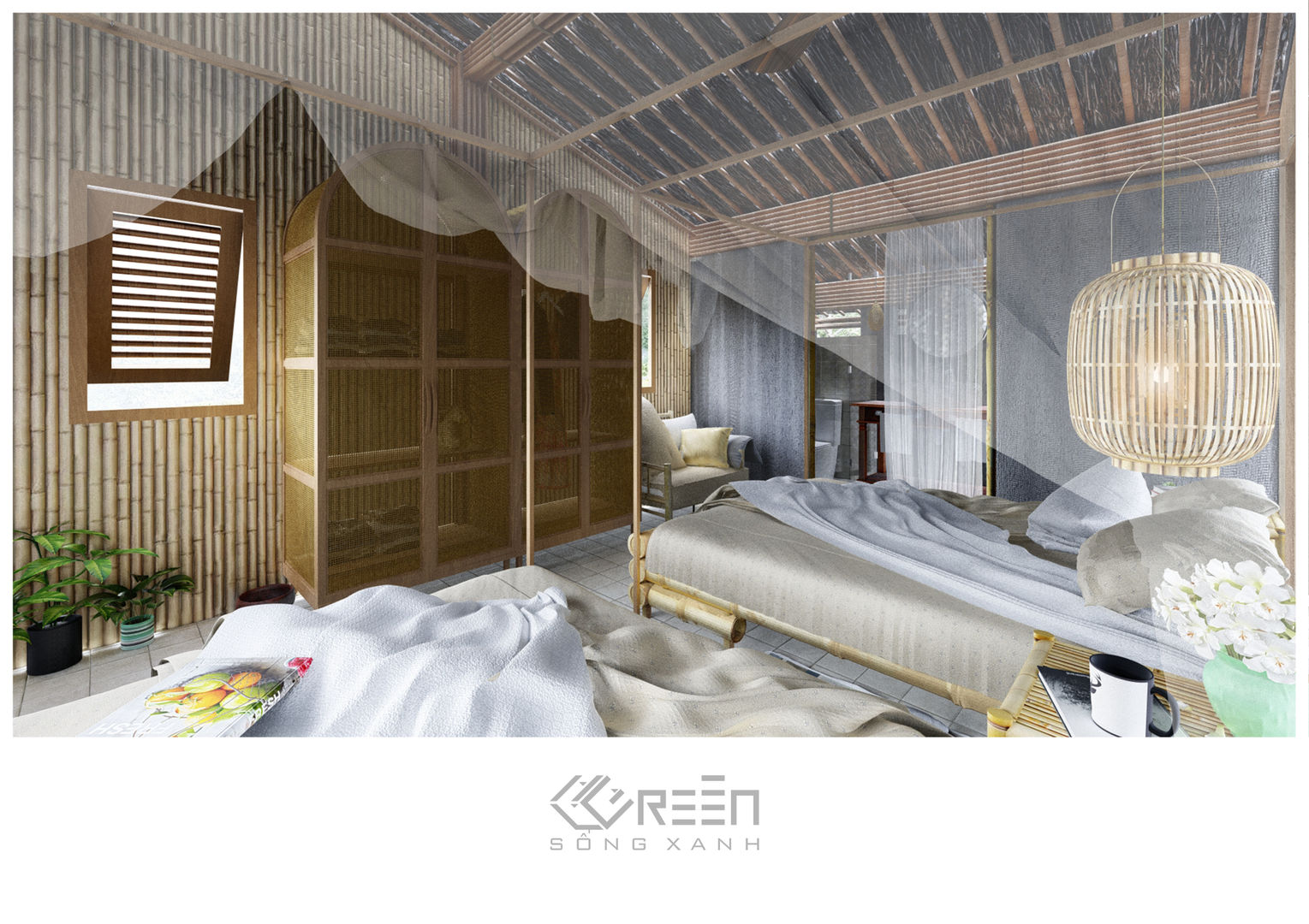 Thiết kế nội thất Công ty TNHH Thiết Kế Xây Dựng Xanh Hoàng Long Phòng ngủ phong cách châu Á Tre Green Beds & headboards