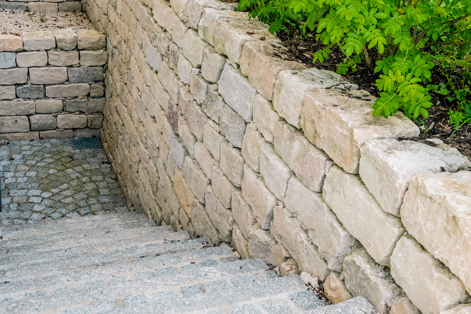 Keller Treppe Naturstein Garten- und Landschaftsbau Wolz GmbH Gewerbeflächen Hausgarten, Mauer, Garten, Treppen, Pflanzen, Bepflanzung, naturnah, Naturstein, Trockenmauer, Muschelkalk, Travertin, Wassergarten, Brunnen, Wasserspiel, Hanggarten, Hanglage, Dachbegrünung, Rasen, Automower, Mähroboter, Husquarna, Gardena, Bewässerung, ,Bürogebäude