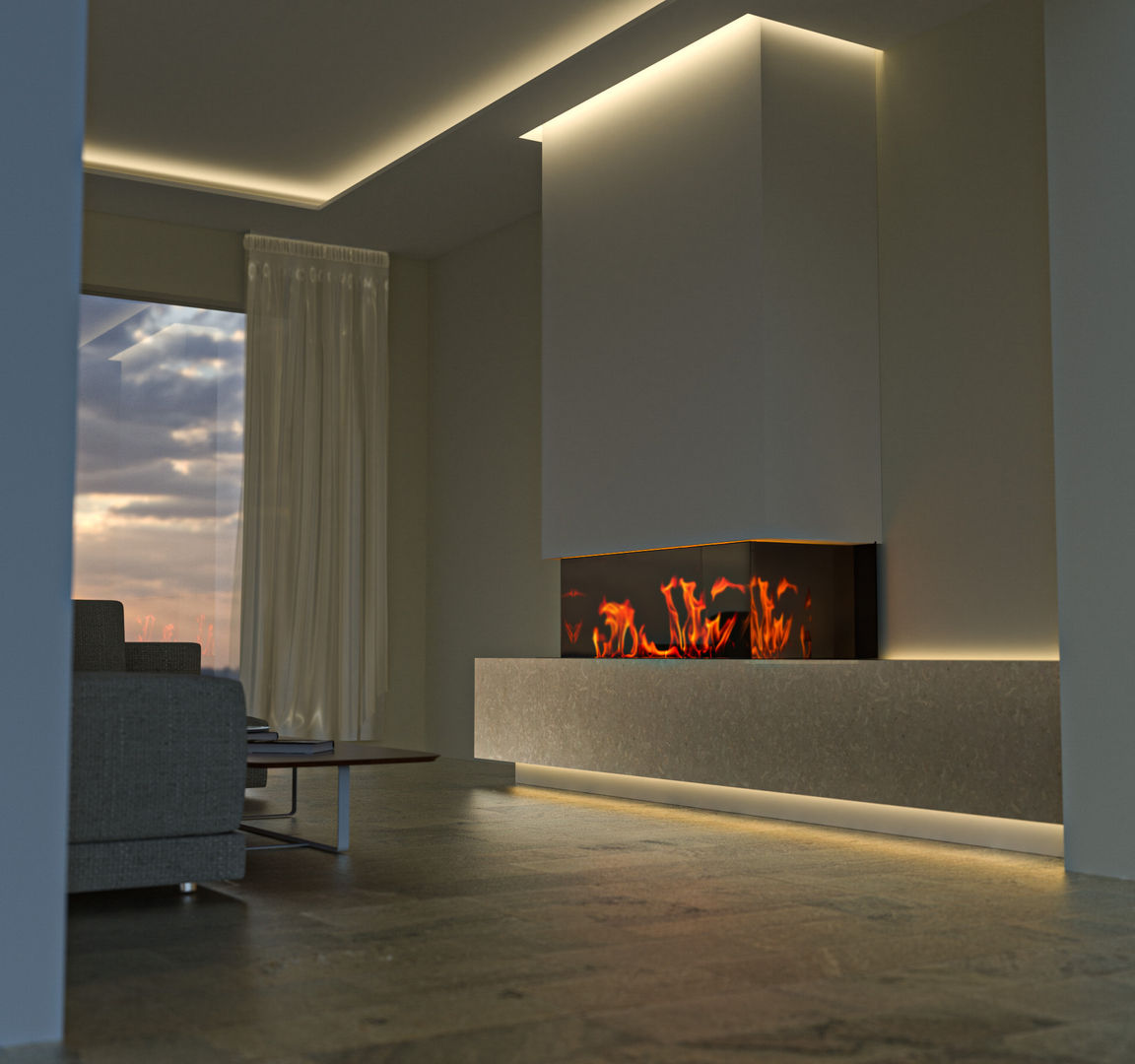 Feuer und Licht: Stimmungsvolle Atmosphäre im Wohnzimmer, Moreno Licht mit Effekt - Lichtplaner Moreno Licht mit Effekt - Lichtplaner Living room