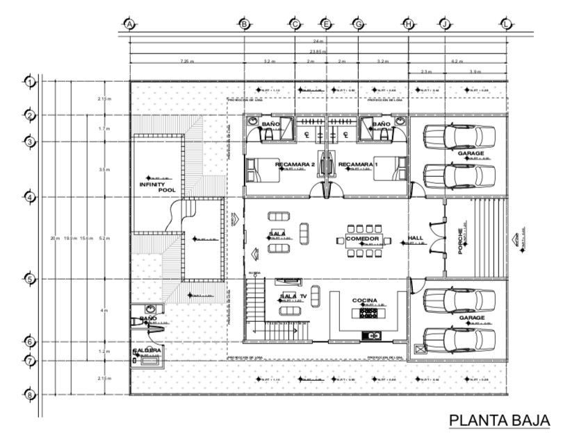 Plano Arquitectónica planta baja D+A Ariquitectura Modular Plano Arquitectónico, piscina infinita, Garage, jacuzzi, spa, balcón, 5 habitaciones, cocina abierta, isla de cocina, doble altura, puente volado