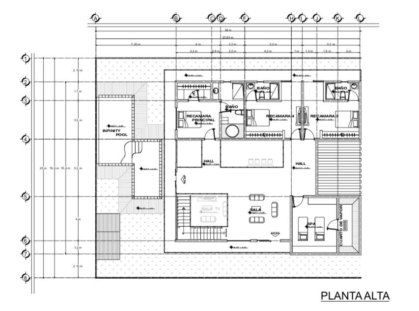 Plano Arquitectónica planta alta D+A Ariquitectura Modular Plano Arquitectónico, piscina infinita, Garage, jacuzzi, spa, balcón, 5 habitaciones, cocina abierta, isla de cocina, doble altura, puente volado