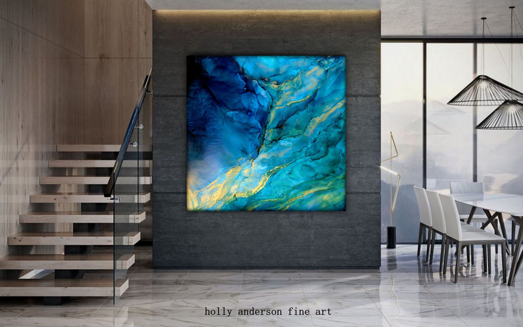 Original Large Alcohol Ink Art Fluid Painting Blue, Green, Gold colors, Abstract Art, Underwater Painting, modern art GLACIRI, Holly Anderson Fine Art Holly Anderson Fine Art Salones modernos