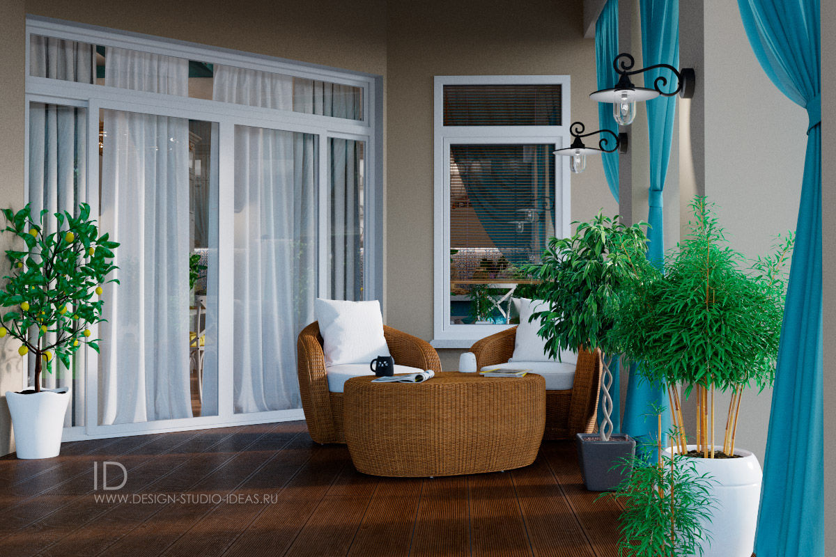Частный дом в поселке Утес, Студия дизайна ROMANIUK DESIGN Студия дизайна ROMANIUK DESIGN Mediterranean style balcony, veranda & terrace