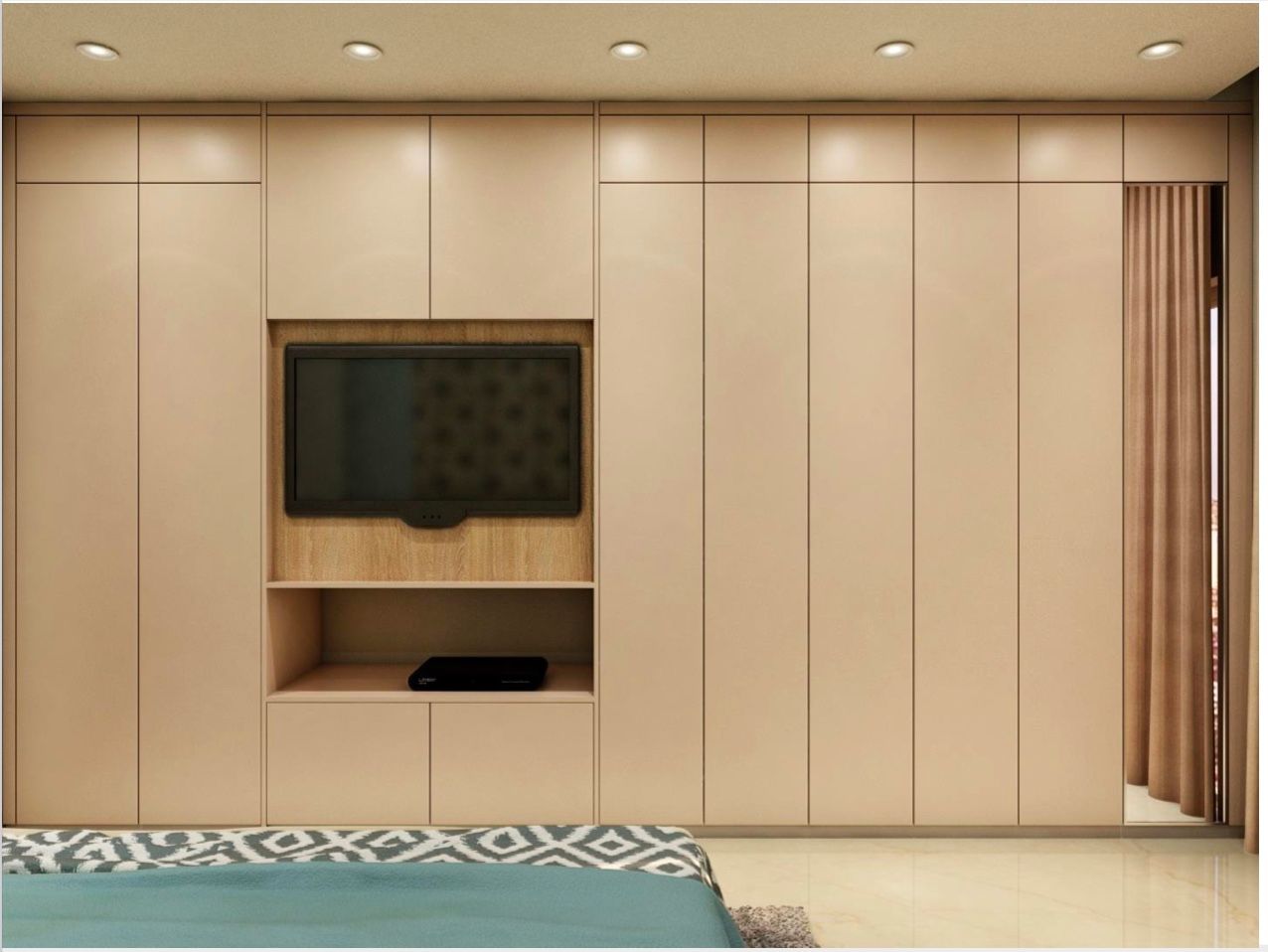 Full Length wardrobe with integrated TV unit homify Mediterranean style bedroom