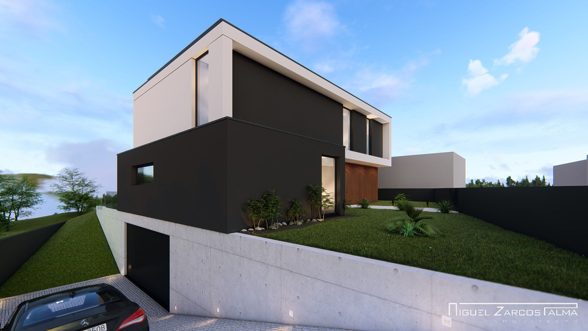 Luxuosa casa moderna em cores escuras com uma garagem conveniente