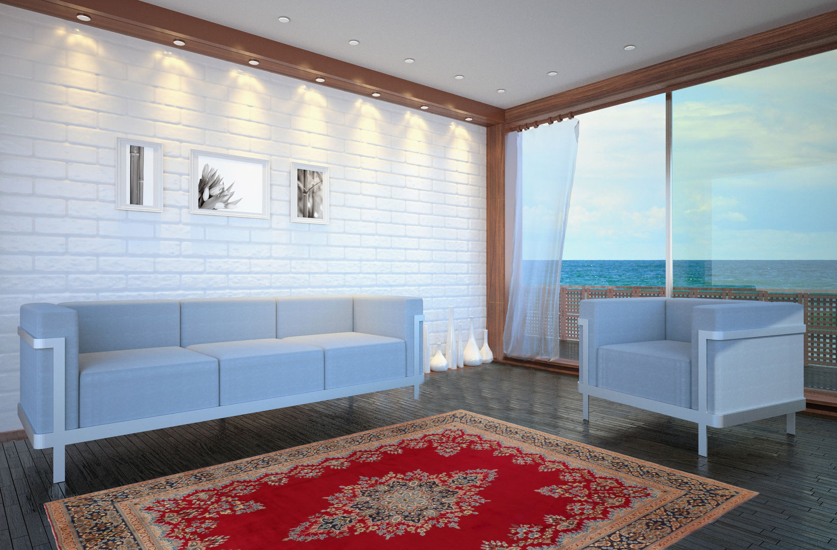 Casa da mare con classico tappeto persiano Kerman per living moderno con vista sul mare, Persian House Persian House Living room