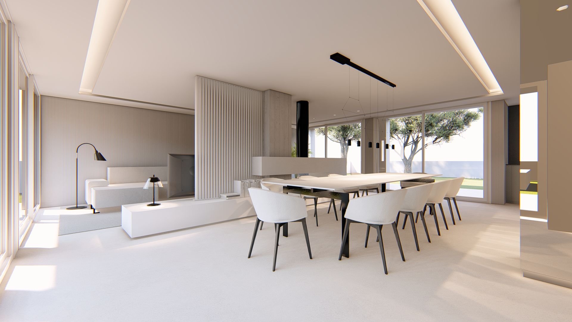 Estancias unificadas con nexo en común: la chimenea Arquitectura Sostenible e Interiorismo | a-nat Comedores minimalistas