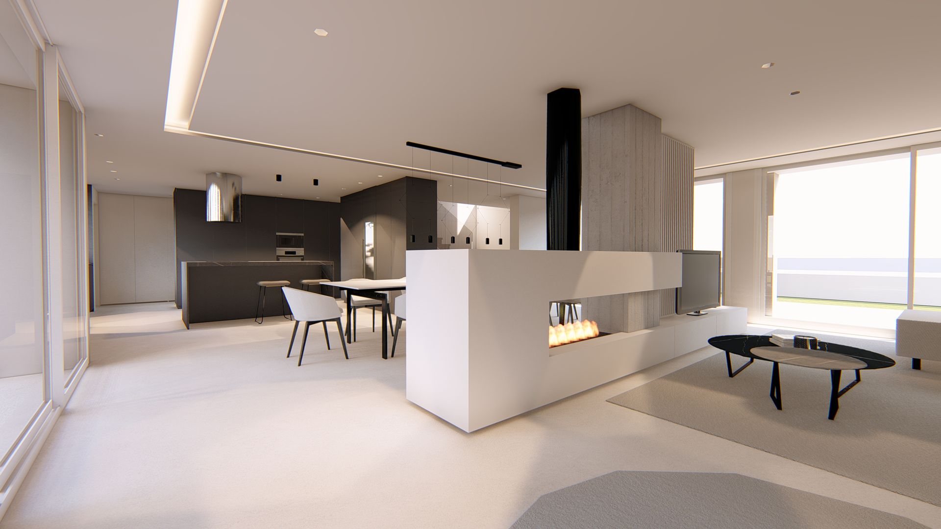 Cocina abierta al salón Arquitectura Sostenible e Interiorismo | a-nat Salones minimalistas