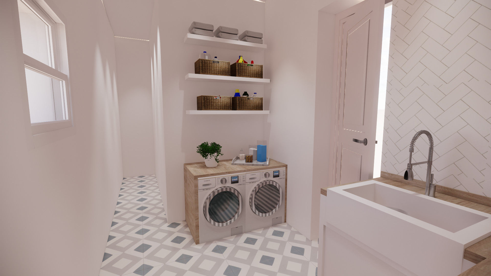 Interior de lavadero con lavadora y estantes contemporáneos