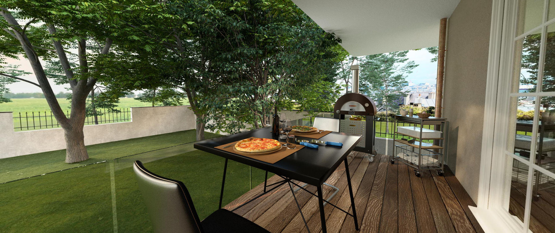 Balkongestaltung mit einem Holzofen Alfa Forni Vorgarten Wohnraumerweiterung, Balkon, Stühlen, Tischen