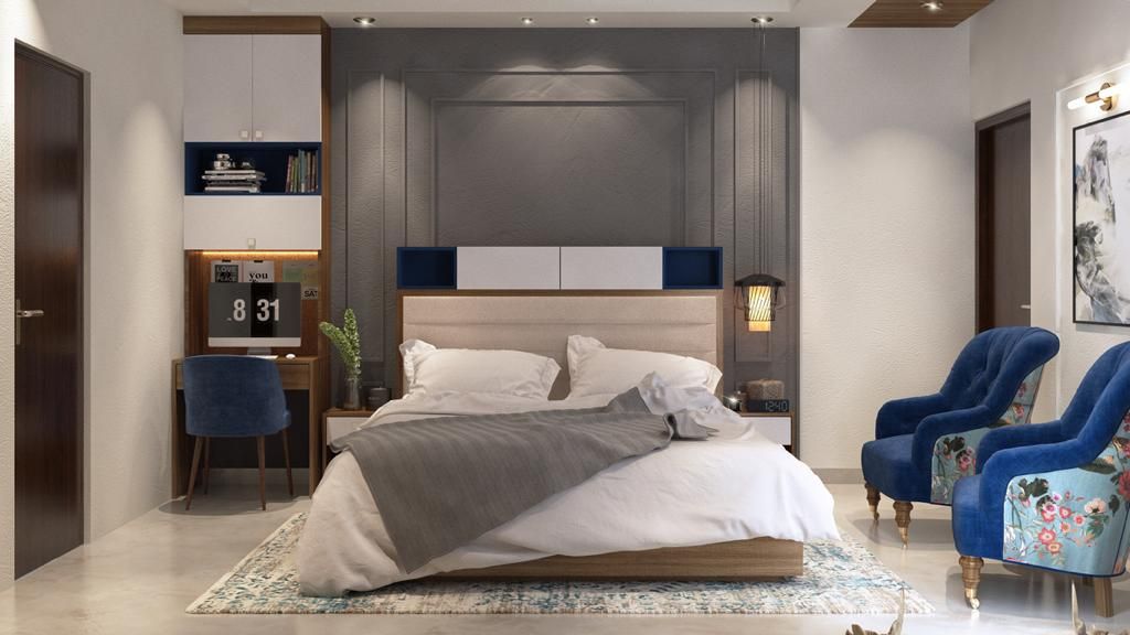 Master bedroom designed with elegant beige and blue theme with hints of blue homify Modern style bedroom master bedroom, elegant master bedroom design, home interior designer in noida, interior designer in Noida, designer in noida , interior designer in delhi
