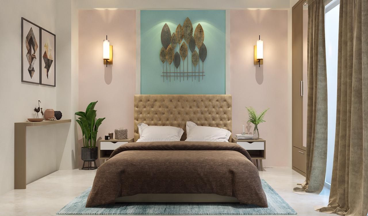 Parents room with beige and mint green theme homify Modern style bedroom parents room, small room interior design, Minimalistic room design, simple room design, designer in noida , interior designer in delhi