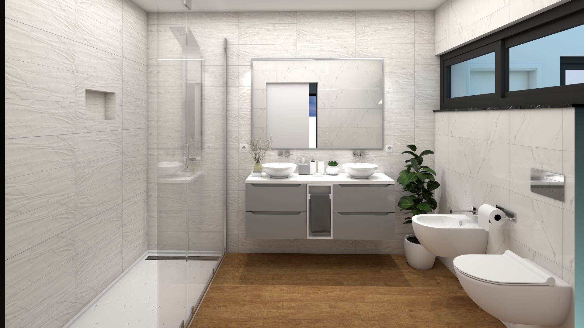 Casa de Banho Suite Master Ginkgo Design Studio Casas de banho modernas Cerâmica Casa de banho suite, móvel duplo, base de duche dupla, móvel suspenso, cinza, branco, mármore, ondas