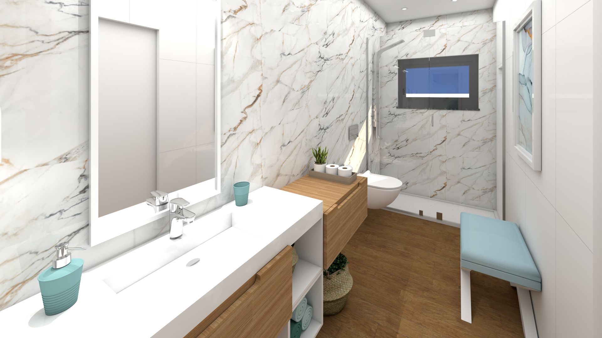 Casa de Banho Suite 2 Ginkgo Design Studio Casas de banho modernas Cerâmica Casa de banho, móvel suspenso, madeira, branco, mármore Callacata gold, moderno, contemporâneo