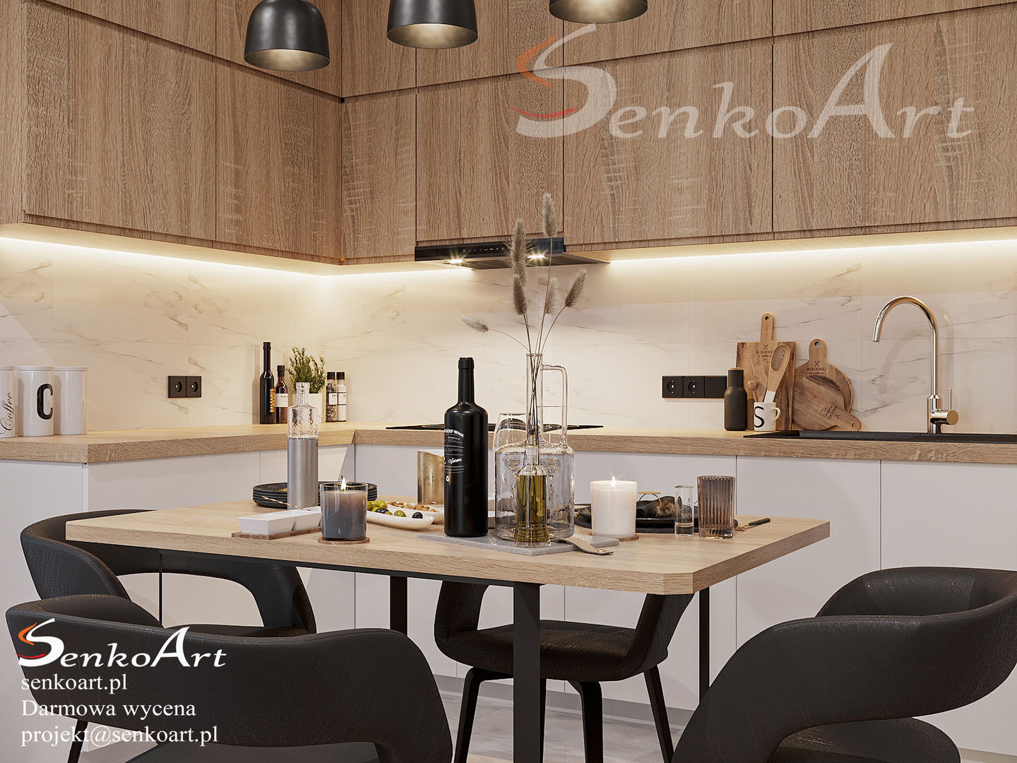 Projekt Kuchni z Salonem w Mieszkaniu, Senkoart Design Senkoart Design Small kitchens Wood Wood effect