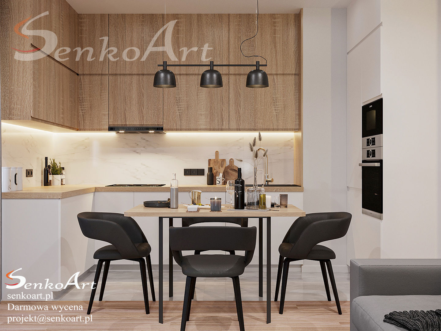 Projekt Kuchni z Salonem w Mieszkaniu, Senkoart Design Senkoart Design Small kitchens Wood Wood effect