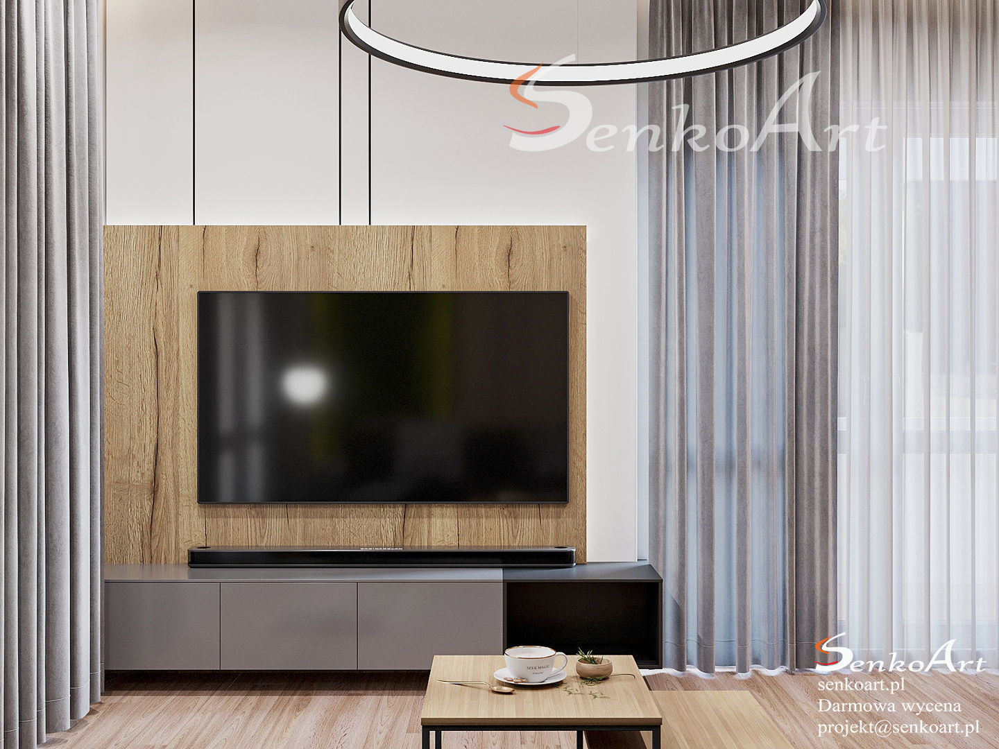 Projekt Kuchni z Salonem w Mieszkaniu, Senkoart Design Senkoart Design Modern living room Engineered Wood Transparent