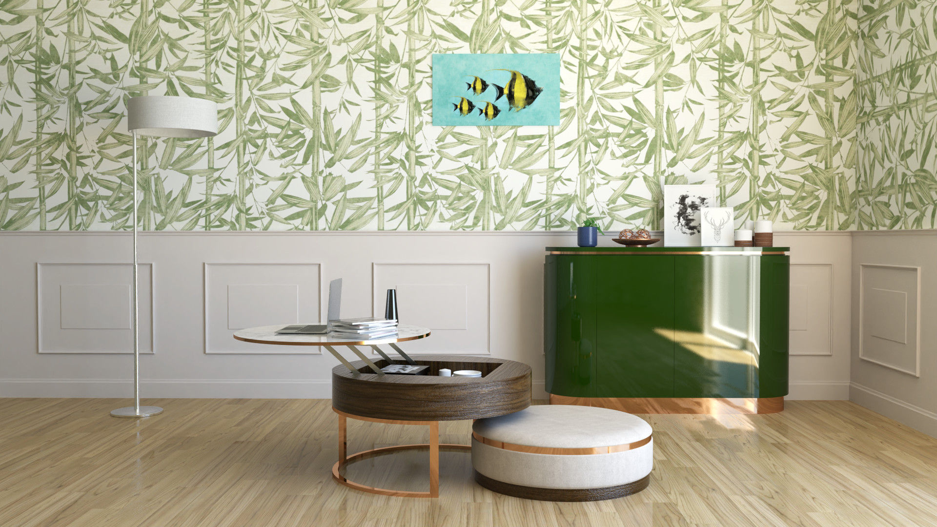 Soggiorno con tavolino regolabile Adagio e credenza Plutos, GD Design GD Design غرفة المعيشة