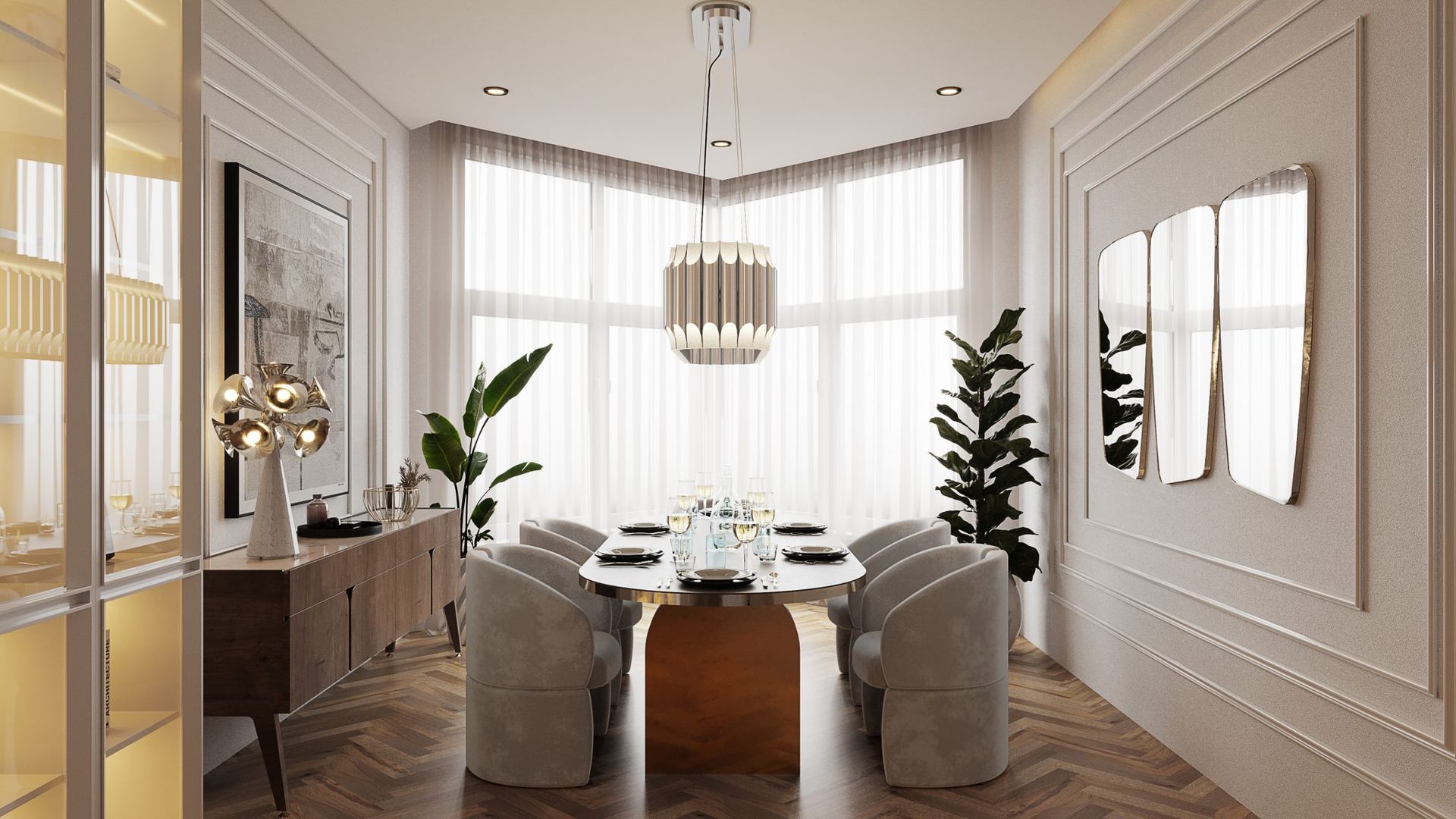 SOPHISTICATED DINING ROOM IN NYC APARTMENT DelightFULL Столовая комната в стиле модерн Modern, Design, decor, luxury, decoration, craftsmanship, handmade, handcrafted, inspiration, sophisticated, details, chic, exclusive, interior design, mid-century style, contemporary, high-end, lighting, lamp, home lighting, lights, dining room