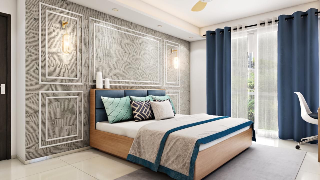 Master bedroom in beige with hints of buoyant blue homify Small bedroom master bedroom designs Noida, bedroom designs noida, home interior noida