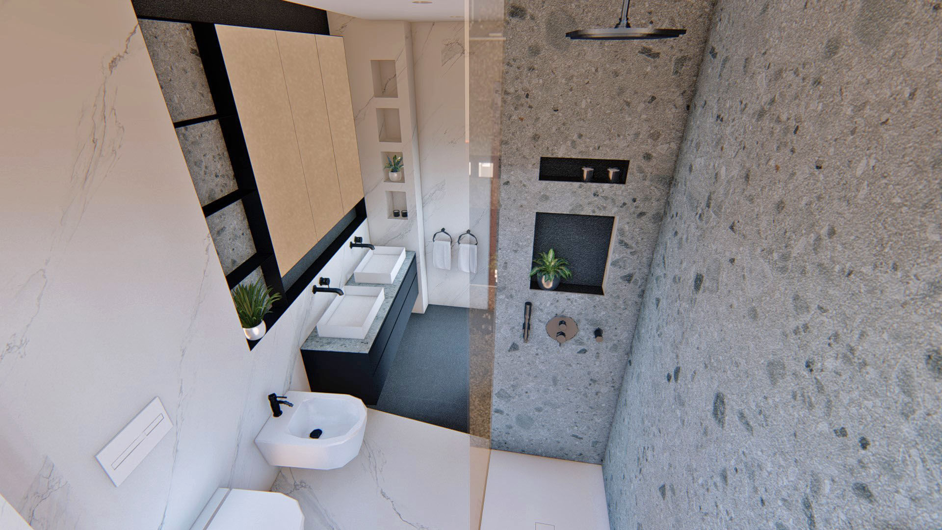 Ducha con grifería negra Arquitectura Sostenible e Interiorismo | a-nat Baños de estilo minimalista baño, interiorismo, sostenibilidad, gris, negro, grifo negro