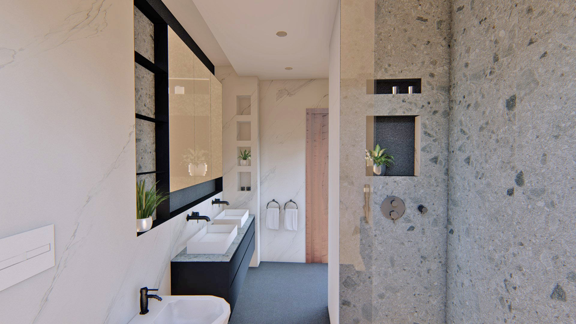 Ahorro energético Arquitectura Sostenible e Interiorismo | a-nat Baños de estilo minimalista baño, interiorismo, sostenibilidad, gris, negro, grifo negro