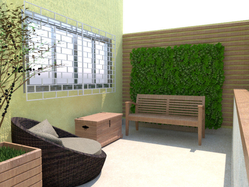 Detalhe do jardim vertical e do baú como mesa de apoio e armazenamento dos itens de jardinagem Arquitetura Pitanga Jardins de fachada Madeira Acabamento em madeira