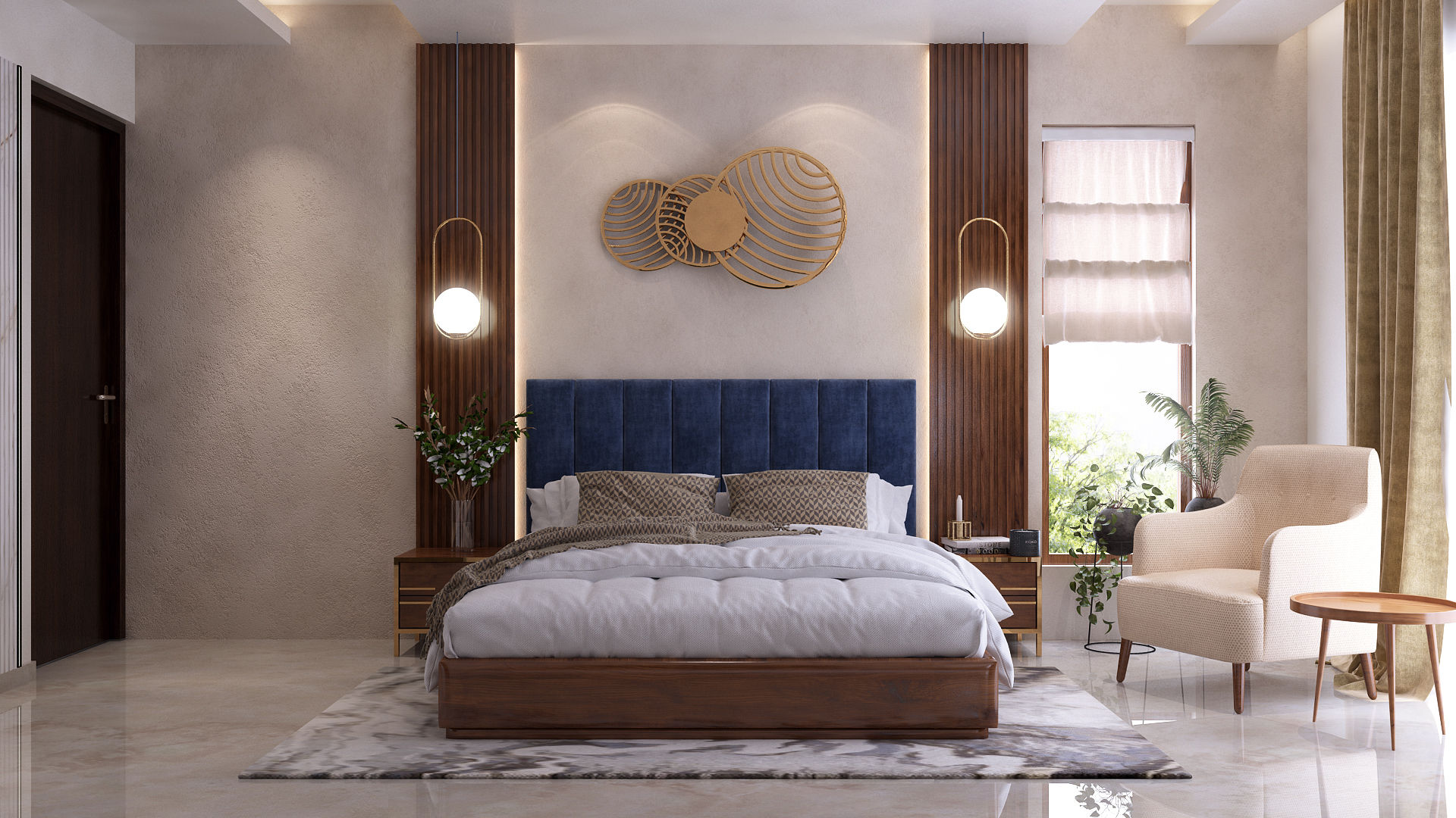 Parent's room designed with wooden slats theme and stylish pendants homify Eclectic style bedroom interior designer in delhi, interior designer in Gurgaon, Interior designer in Noida, bedroom interior designs, bedroom wall designs, home interior designer in delhi