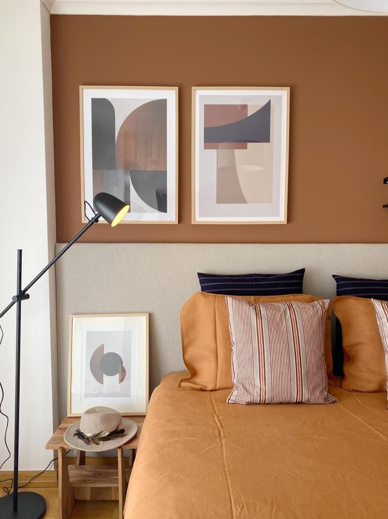 Quarto Rafaela Fraga Brás, Interior Design & Homestyling Quartos ecléticos riscas, quarto, quarto casal, cor, castanho, laranja, padrões, texturas