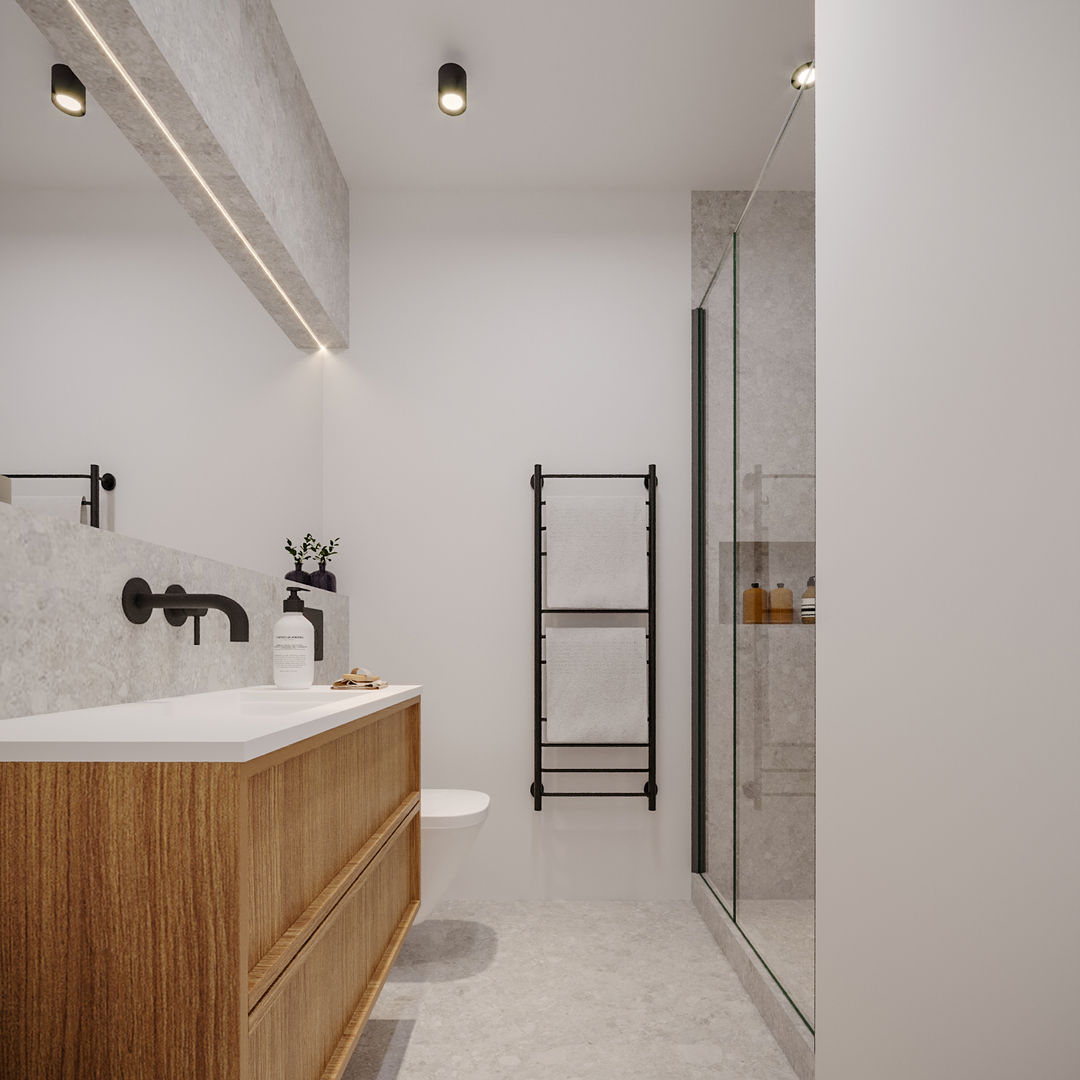Instalação Sanitária da Casa da Fonte Rima Design Casas de banho escandinavas Reabilitação, renovação, remodelação, apartamento T2, estilo nórdico, casa de banho, duche, poliban