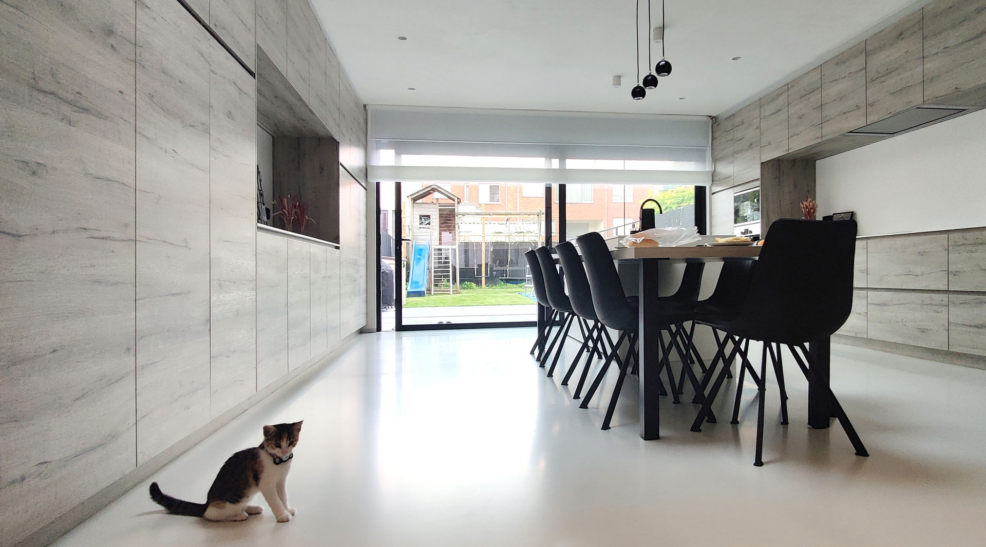 View from the kitchen to the garden Lucas Freire Architecture モダンデザインの ダイニング