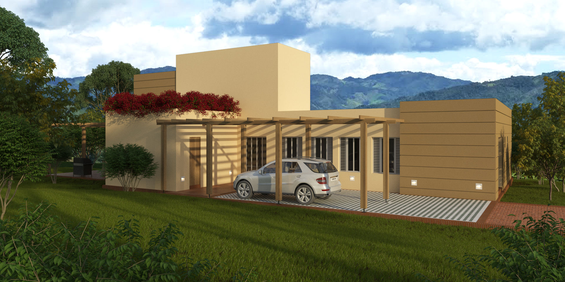 IMAGEN FACHADA DE ACCESO DIARQ diseño arquitectonico SAS Casas campestres Ladrillos Beige