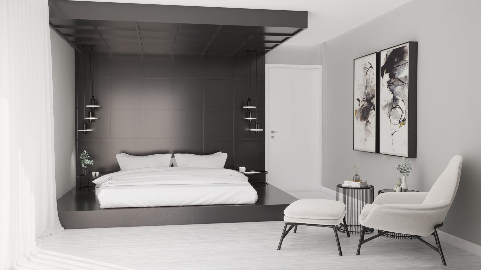 Quarto Principal NURE Interiores Quartos modernos luxo,preto,branco,moderno,clean,quarto,minimalista