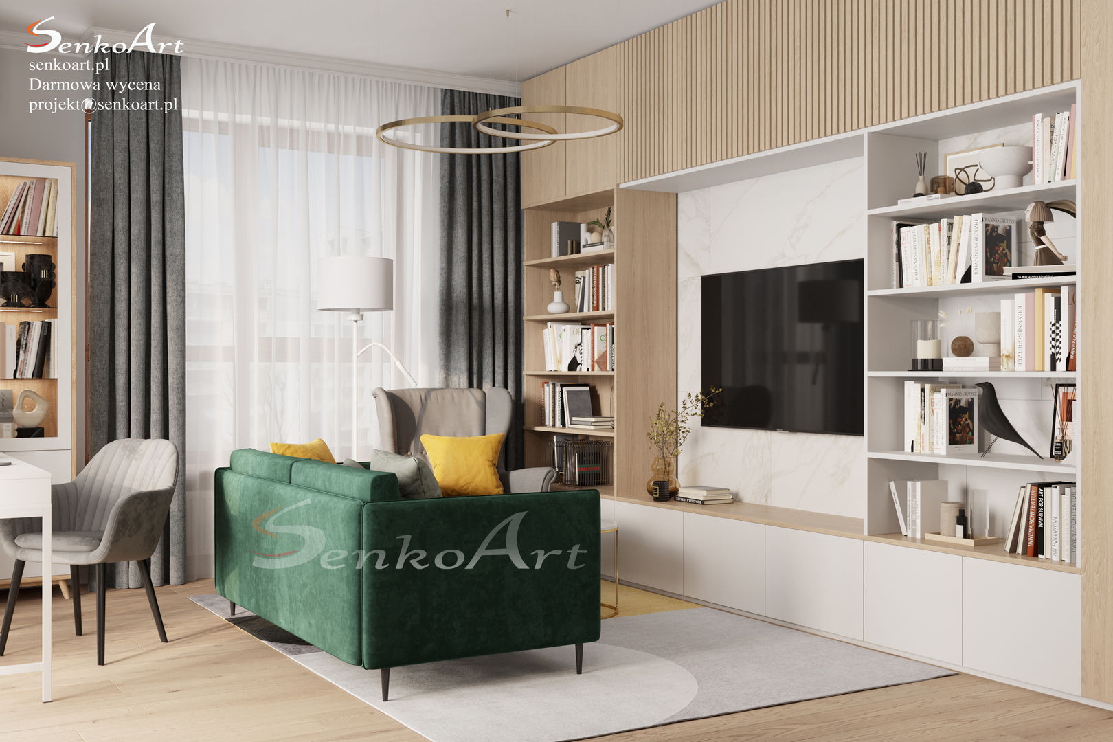 Projekt skandynawskiego salonu, kuchni i jadalni, Senkoart Design Senkoart Design Scandinavian style living room Wood-Plastic Composite