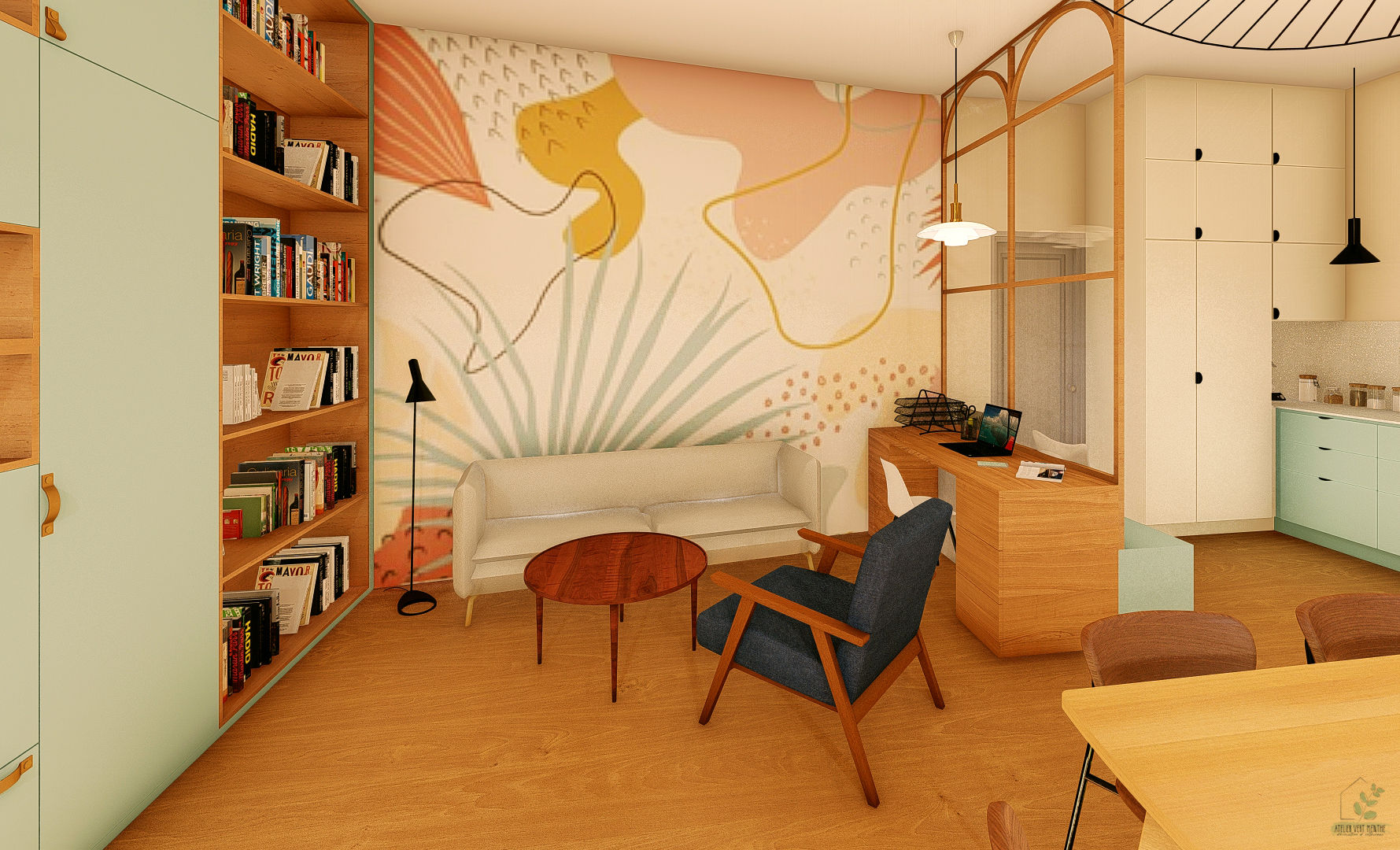 Création d'un appartement sur un plateau vide Atelier Vert Menthe Salon scandinave salon,séjour,pièce de vie,bureau,verrière,claustra,bibliothèque,sur mesure,bois