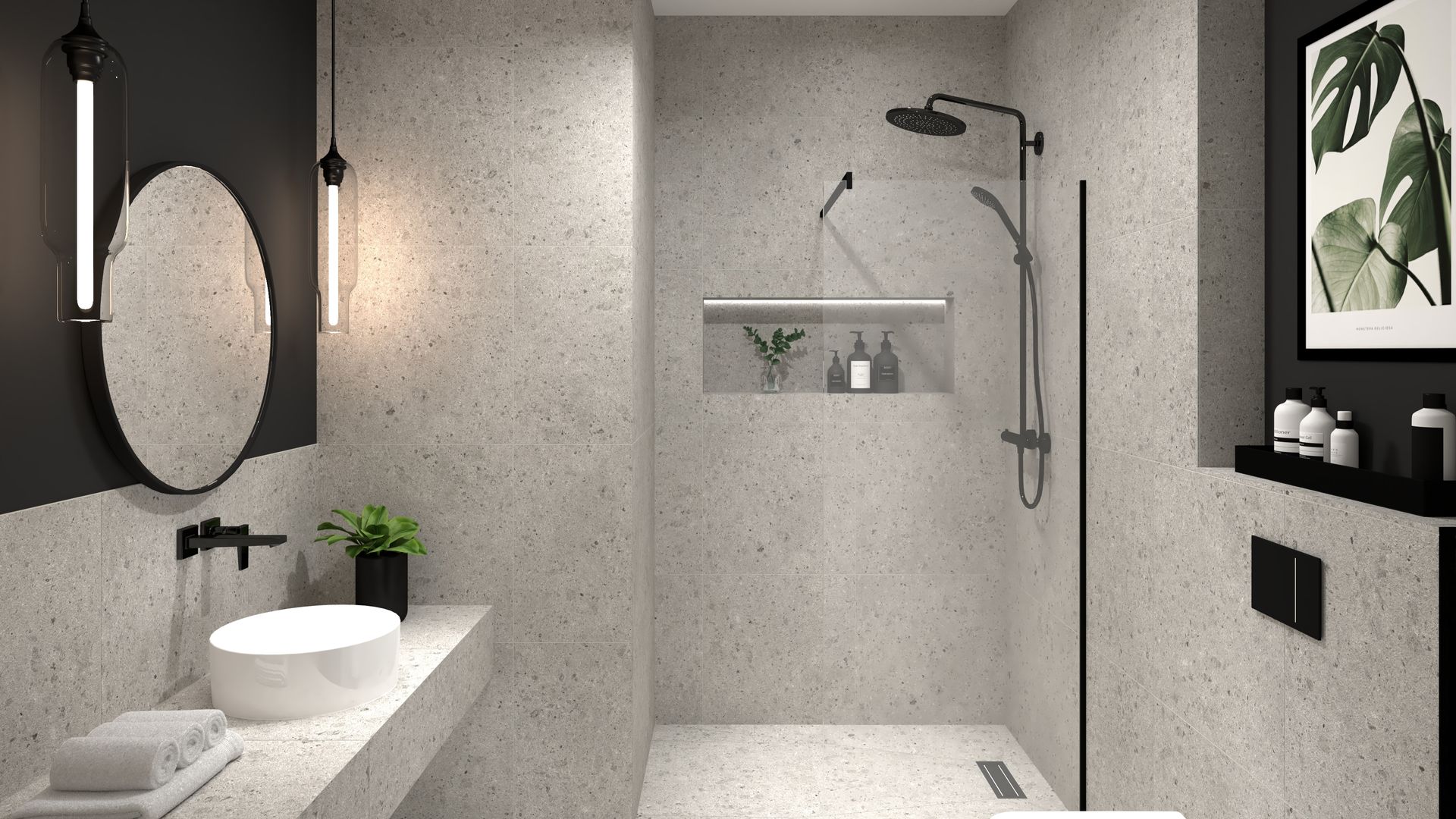 Urbanes Duschbad mit Terrazzo-Fliesen + Gäste-WC, BANOVO GmbH BANOVO GmbH Industrial style bathrooms