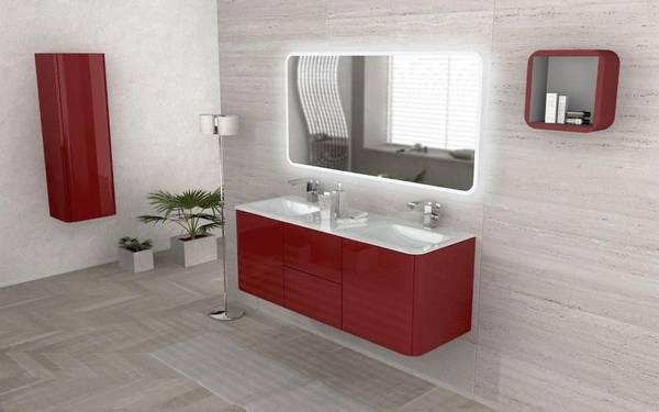 specchio Mobile bagno sospeso moderno Liverpool rosso 2 lavabi misura cm140 