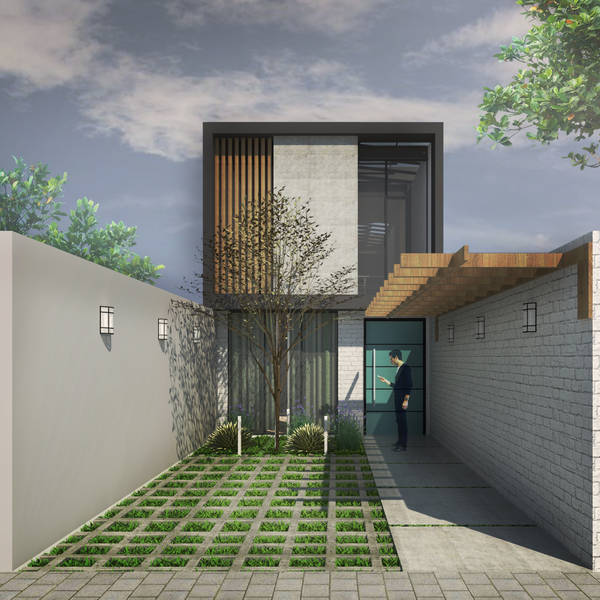 Fachada de casa contemporânea com concreto e metal aparentes em